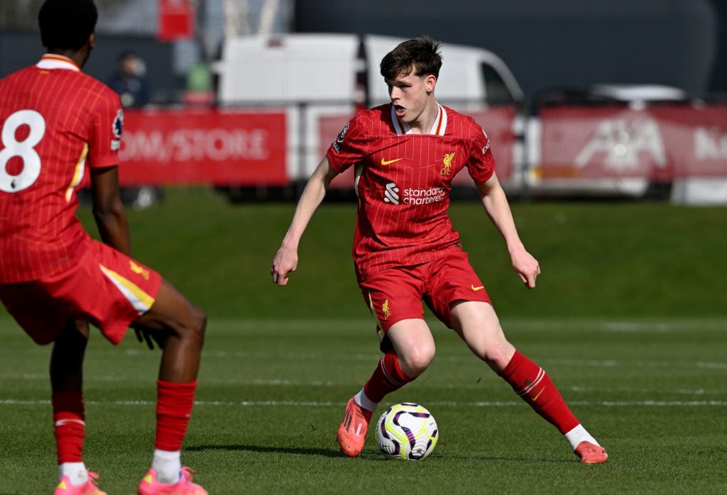 James McConnell of Liverpool in action during the PL2 game at AXA Training Centre