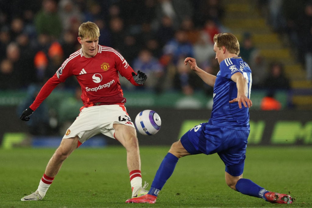 Manchester United's English midfielder #43 Toby Collyer (L) vies with Leicester City's Danish defender #16 Victor Kristiansen (R) during the English Premier League football match between Leicester City and Manchester United