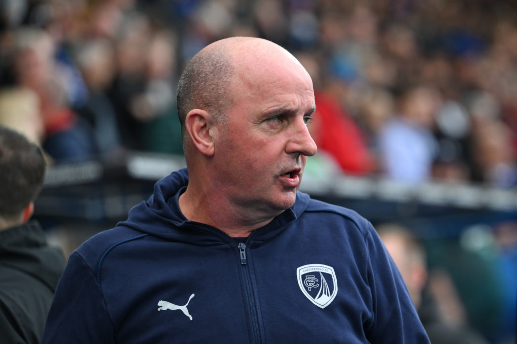 Paul Cook manages Chesterfield during the Sky Bet League 2 match between Chesterfield and Harrogate Town