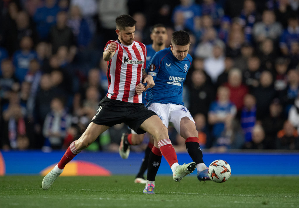 Bailey Rice of Glasgow Rangers and Oihan Sancet of Athletic Club in action during the UEFA Europa League 2024/25 Quarter Final First Leg match between Rangers FC and Athletic Club