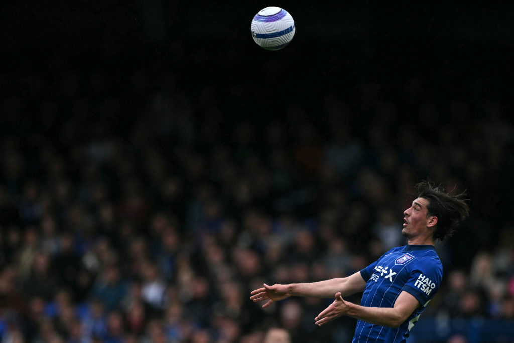 Ipswich Town's English defender #24 Jacob Greaves jumps