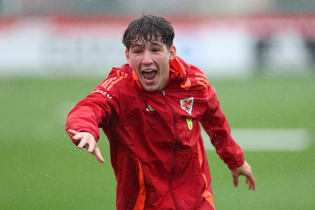 Lewis Koumas of Wales shouts during a Wales training session at Vale Resort