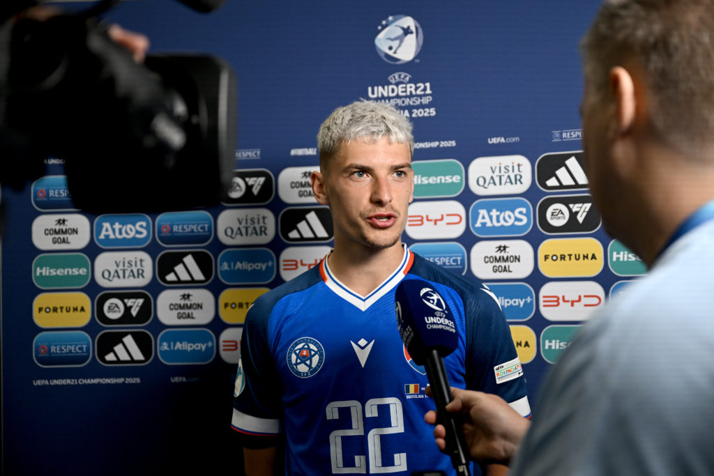 Tomas Rigo speaks to the media after Slovakia's game against Romania