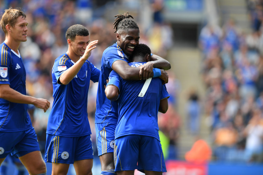 Leicester City players celebrate with Abdul Fatawu after his goal against Fiorentina