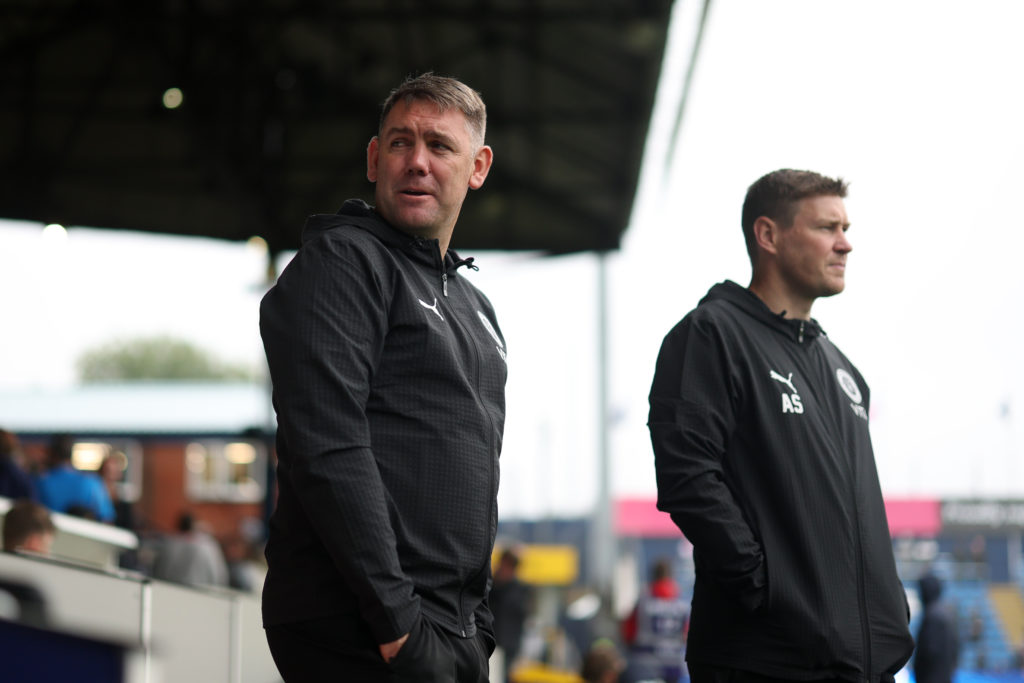 Dave Challinor, Head Coach of Stockport County looks on prior to the Sky Bet League One match between Stockport County FC and Bolton Wanderers