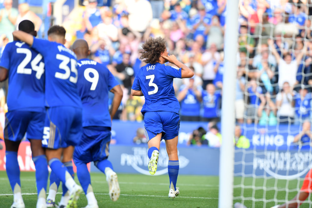 Wout Faes celebrates the winner for Leicester City against Sheffield Wednesday