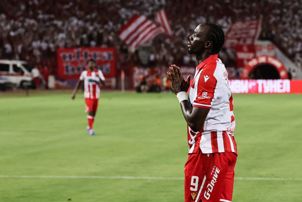 Cherif Ndiaye celebrates during Crvena Zvezda v Lech Poznan - UEFA Champions League Third Qualifying Round Second Leg