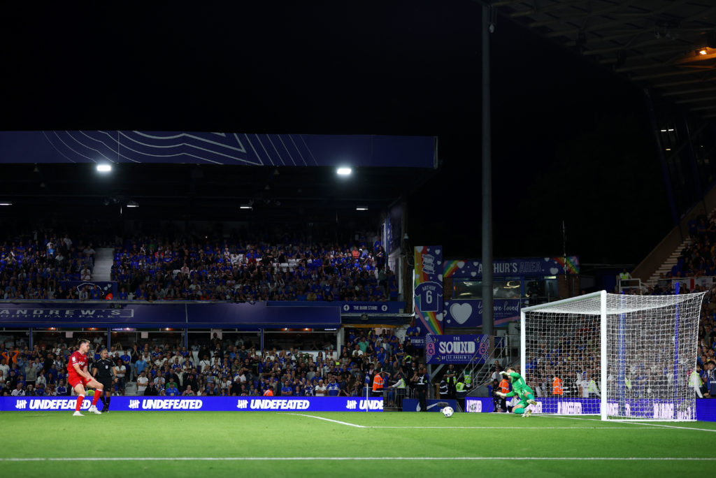 General view inside the stadium as George Hirst of Ipswich Town scores his team's first goal