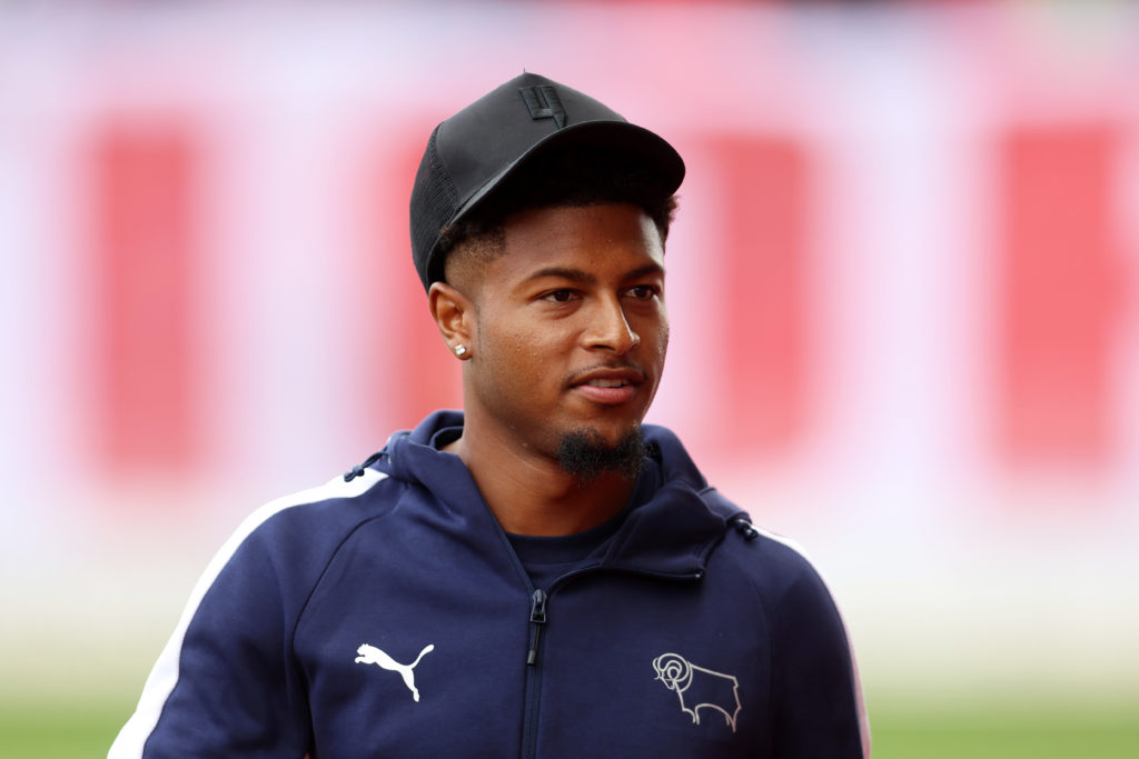 Rhian Brewster of Derby County looks on prior to the Sky Bet Championship match between Stoke City and Derby County