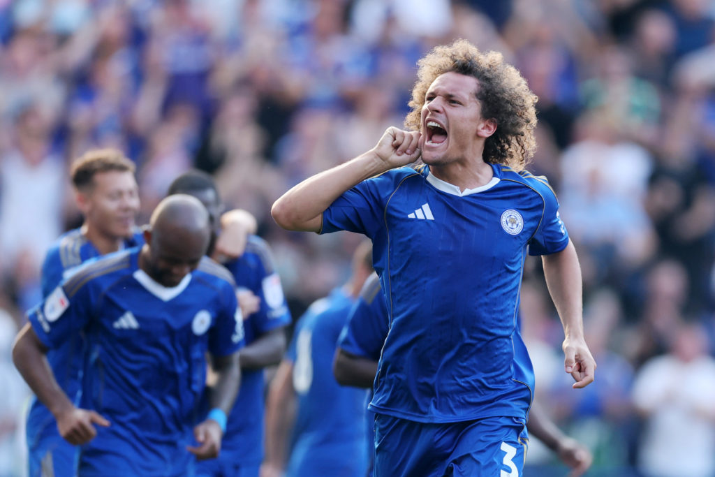 Wout Faes cups his ears to the Leicester City fans after his winner against Sheffield Wednesday
