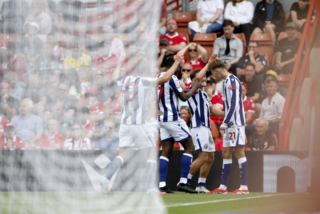 Isaac Price of West Bromwich Albion celebrates after scoring a goal to make it 1-3 against Wrexham AFC