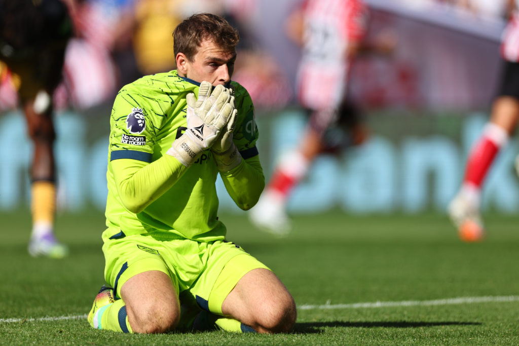 Mads Hermansen reacts after conceding a goal against Sunderland for West Ham United in a Premier League game