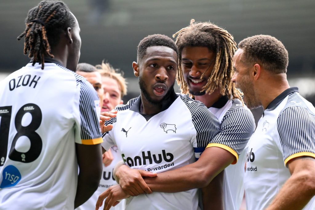 Ebou Adams of Derby County celebrates after scoring a goal to make it 3-2 during the Sky Bet Championship match between Derby County and Coventry City