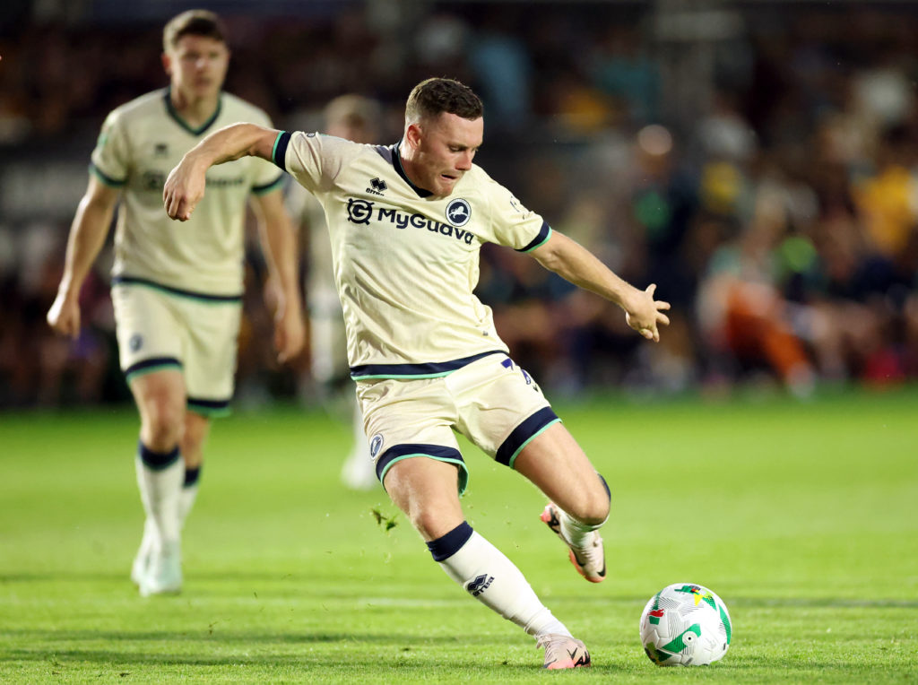 Macaulay Langstaff of Millwall shoots during the Carabao Cup first round match between Newport County and Millwall