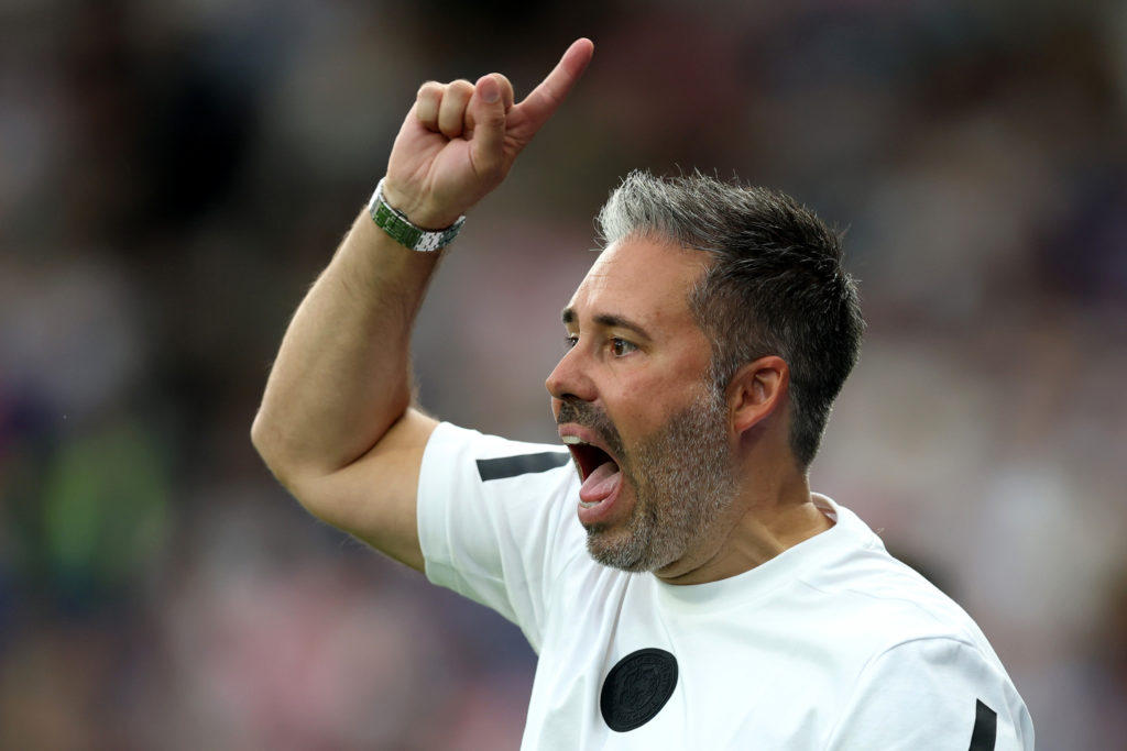 Marti Cifuentes shouts at his Leicester City players against Huddersfield Town in the Carabao Cup First Round