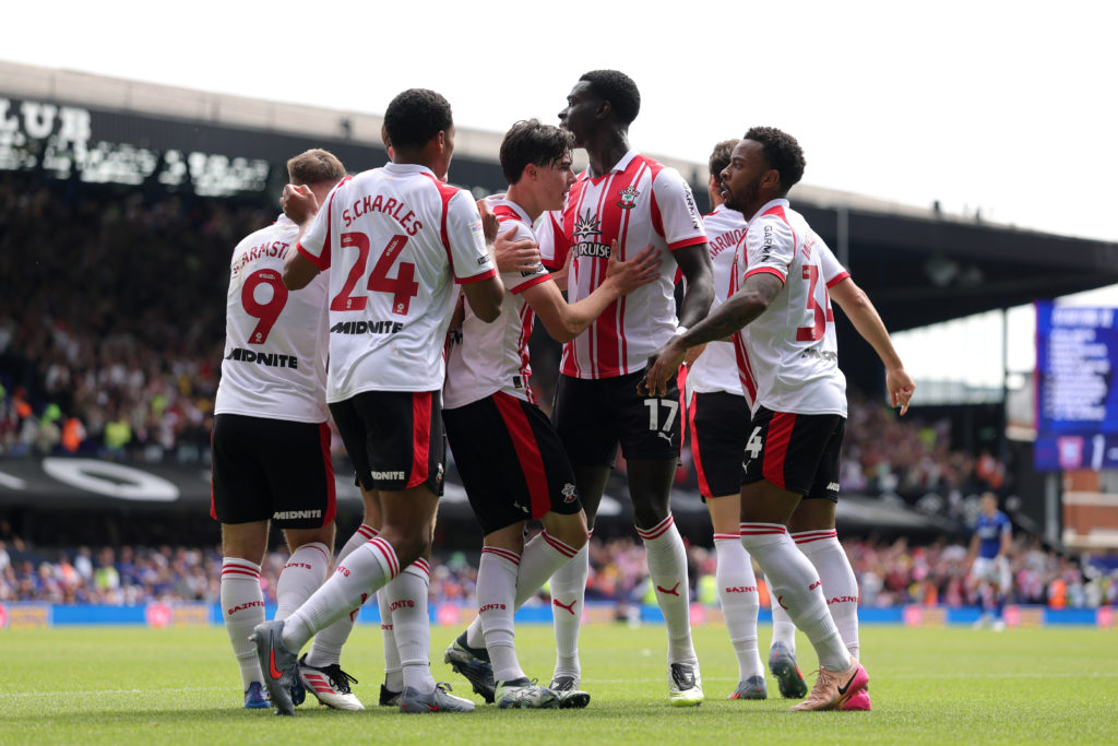 Jay Robinson of Southampton celebrates scoring his team's first goal with team mates Adam Armstrong, Shea Charles, Joshua Quarshie and Welington of Southampton