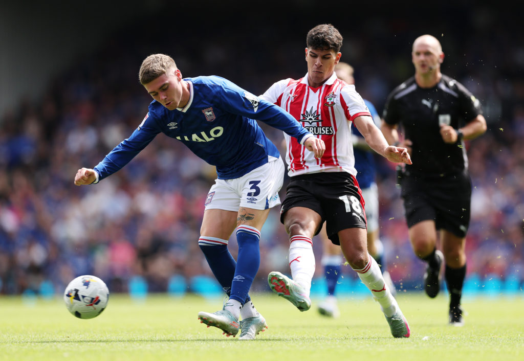 Leif Davis battles for the ball during Ipswich Town v Southampton