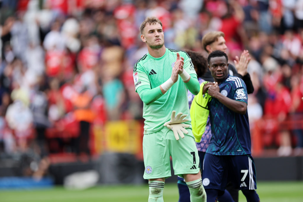 Jakub Stolarczyk of Leicester City applauds the travelling Leicester City fans