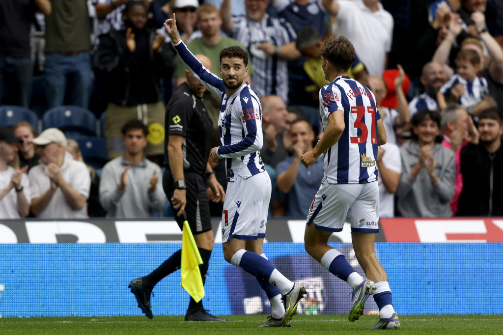 Mikey Johnston of West Bromwich Albion celebrates his goal against Portsmouth