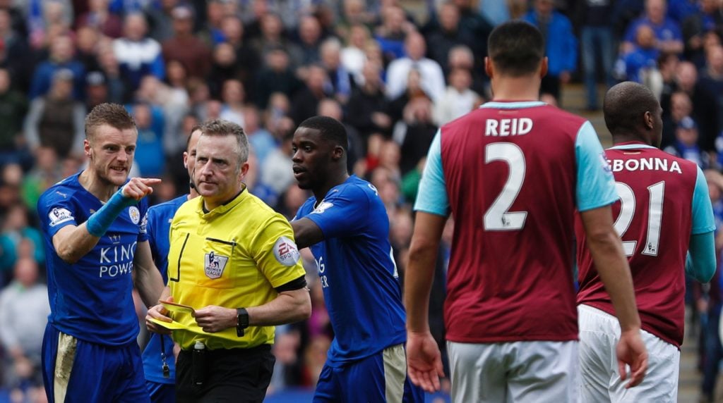 Jamie Vardy being sent off for Leicester City against West Ham