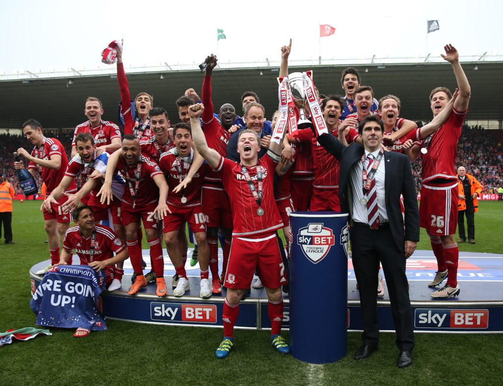 Middlesbrough manager Aitor Karanka and captain Grant Leadbitter lift the trophy