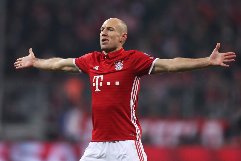 Arjen Robben celebrates during FC Bayern Muenchen v Arsenal FC - UEFA Champions League Round of 16: First Leg