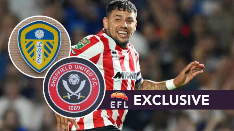 Gustavo Hamer celebrates after scoring for Sheffield United FC against Birmingham City FC in the Carabao Cup. Inset, the Sheffield United FC badge ...