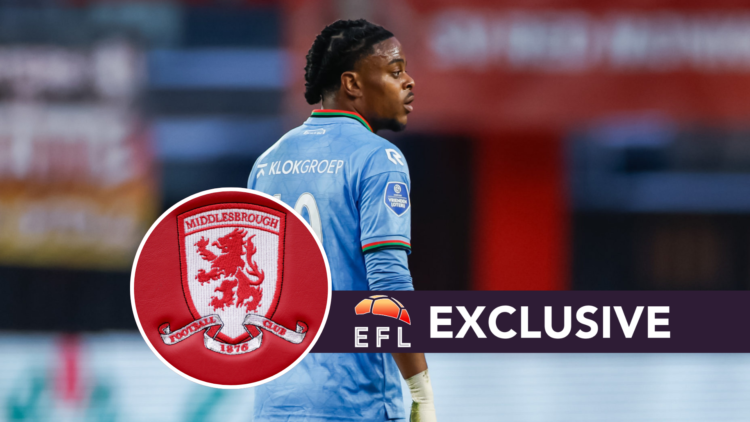 Sontje Hansen of NEC Nijmegen looks on during the Conference League Play-offs match between FC Twente and NEC. The Middlesbrough logo on the seats ...