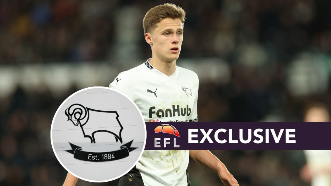 Harrison Armstrong of Derby County looks on. Inset, Derby County badge. Overlaid, EFL Analysis exclusive banner.