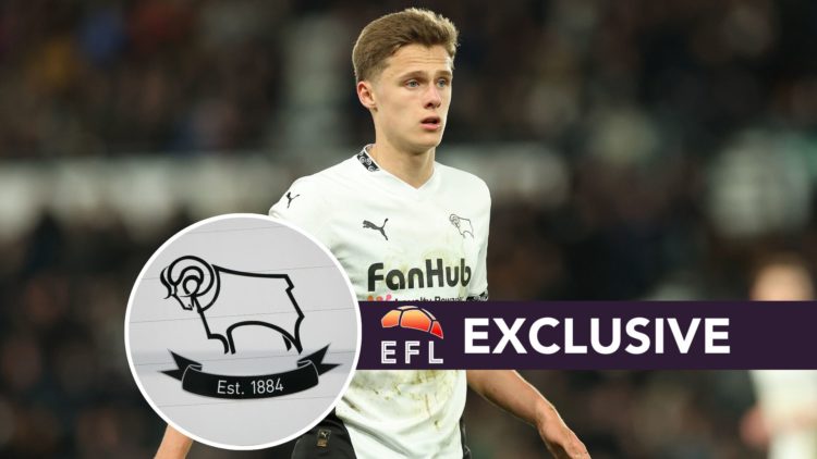 Harrison Armstrong of Derby County looks on. Inset, Derby County badge. Overlaid, EFL Analysis exclusive banner.