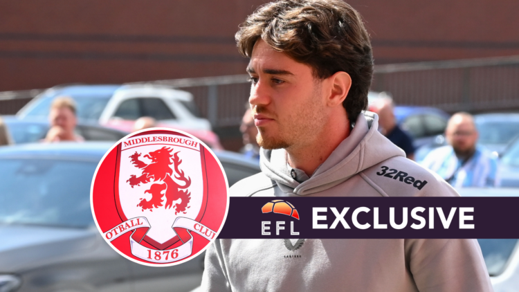 Middlesbrough's Hayden Hackney. Inset, Middlesbrough badge. Overlaid, exclusive branding.
