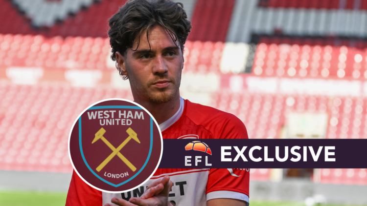 Middlesbrough's Hayden Hackney. Inset West Ham badge. Overlaid, exclusive banner.
