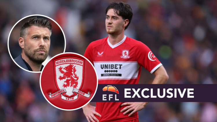 Middlesbrough FC midfielder Hayden Hackney reacts during a pre-season friendly. Inset, the Middlesbrough FC badge and Middlesbrough FC manager Rob ...