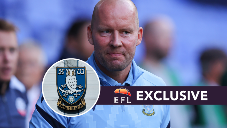 Sheffield Wednesday manager Henrik Pedersen. Inset, Sheffield Wednesday badge. Overlaid, Exclusive branding.