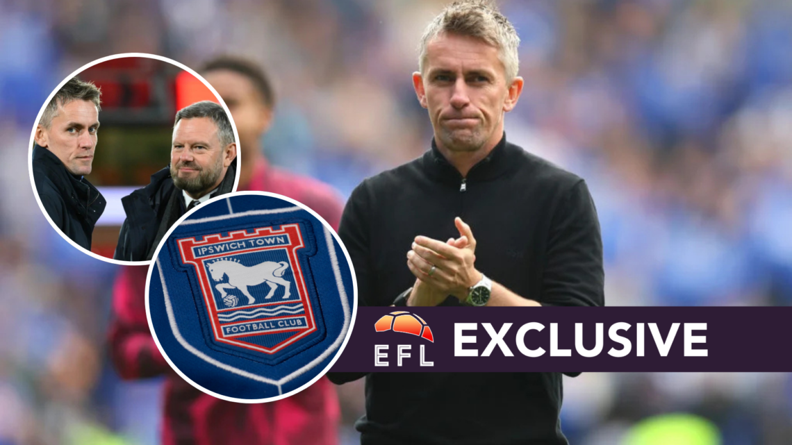 Ipswich Town manager Kieran McKenna applauding supporters. Inset, the Ipswich Town FC badge, and Kieran McKenna talking to Ipswich Town CEO Mark As...