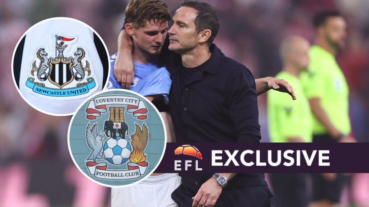 Coventry City manager Frank Lampard consoles Coventry City midfielder Jack Rudoni after the Championship play-off semi-final second leg defeat agai...