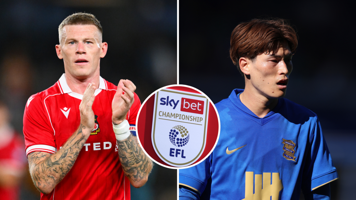 Split image of Wrexham star James McClean (L) and Birmingham City's Kyogo Furuhashi (R). Inset, Championship logo.