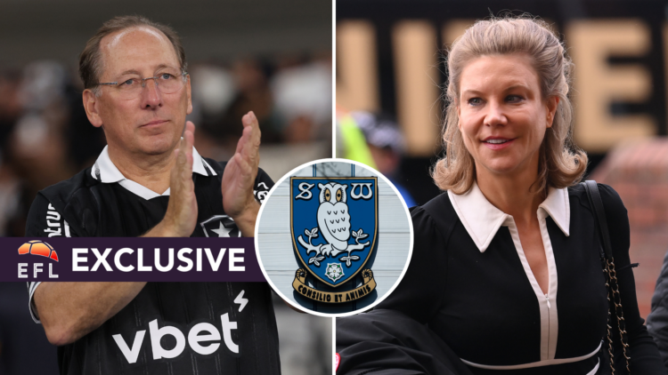 Split image of John Textor (L) and Amanda Staveley (R) with Sheffield Wednesday badge inset. Overlaid, exclusive branding.