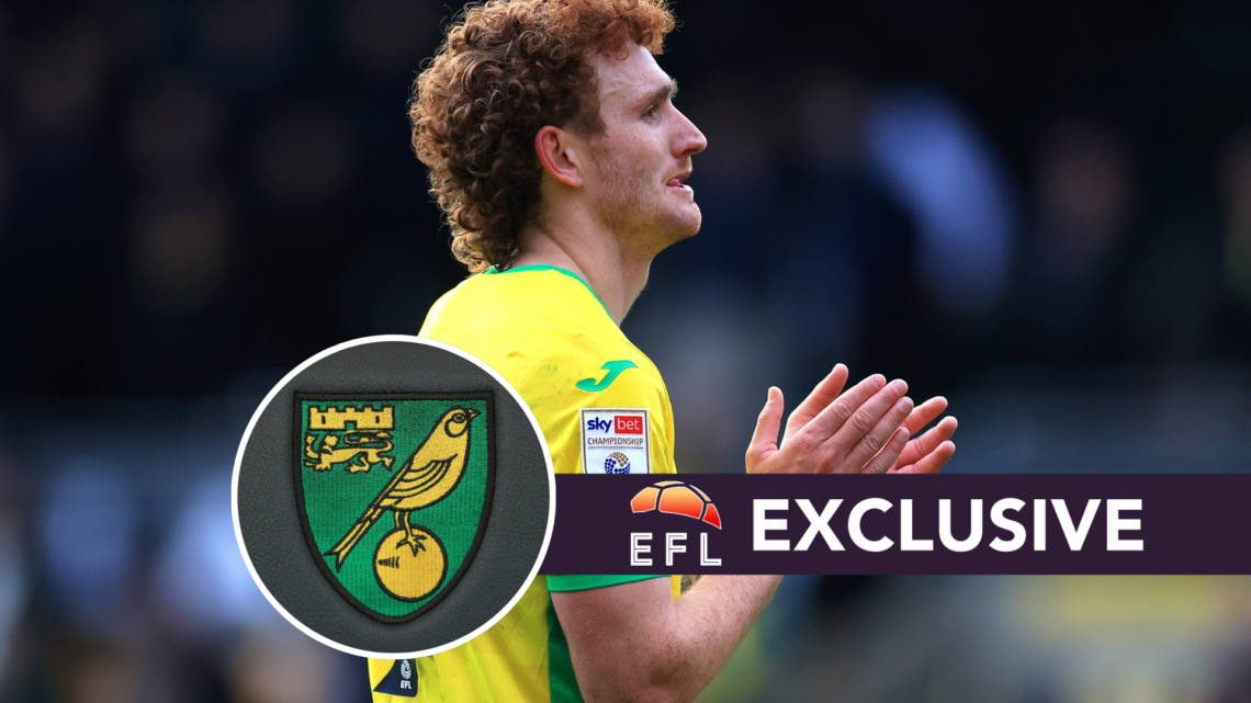 Norwich City's Josh Sargent with club badge inset. Overlaid, exclusive branding.