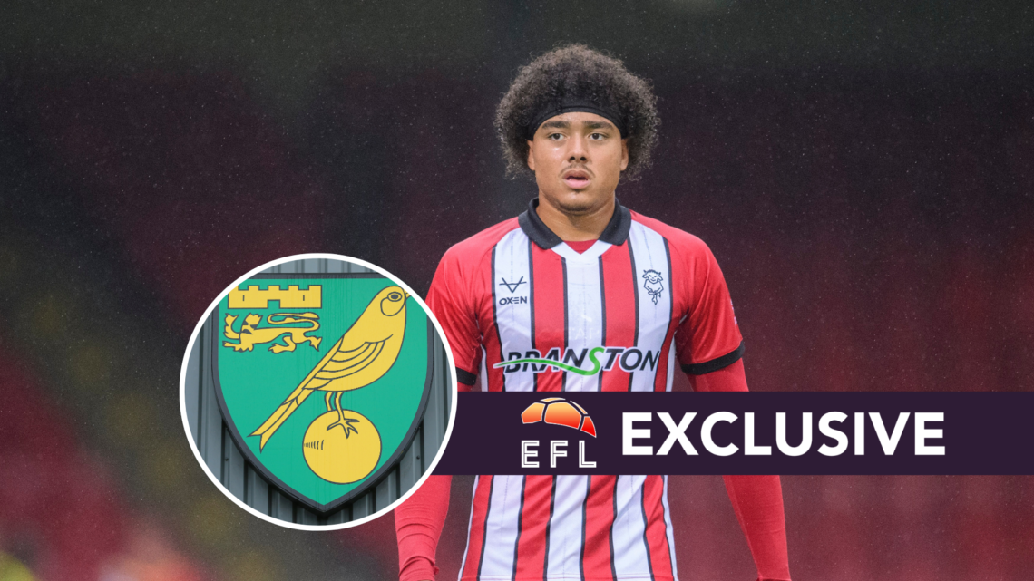 Former Lincoln City star Jovon Makama. Inset, Norwich City badge. Overlaid, exclusive branding.