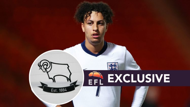 Kaide Gordon of England looks on during the U20 Euro Elite League match between England and Czechia. Inset, Derby County badge. Overlaid, EFL Analy...