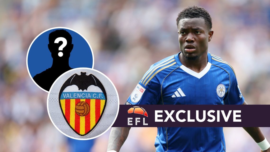 Abdul Fatawu looks on during Leicester City vs Fiorentina, an inset of the Valencia badge, an inset of a mystery man