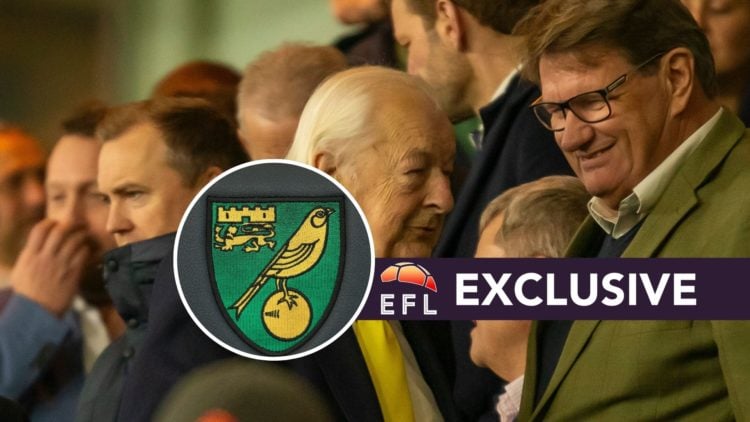 Mark Attanasio speaks with Michael Wynn-Jones after Norwich City vs Middlesbrough, an inset of a stitched Norwich City badge on a padded seat