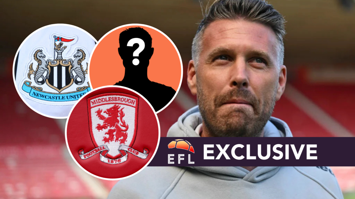 Middlesbrough FC manager Rob Edwards reacts at the Riverside Stadium. Inset, the Middlesbrough FC badge, the Newcastle United FC badge and a myster...