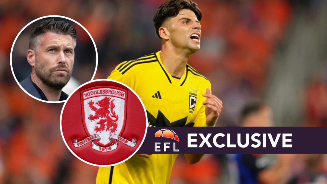 Max Arftsen in action for Columbus Crew against FC Cincinnati. Inset, the Middlesbrough FC badge and Middlesbrough FC manager Rob Edwards. Overlaid...