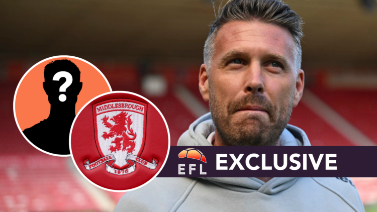 Middlesbrough FC manager Rob Edwards. Inset, a mystery player and the Middlesbrough FC badge. Overlaid, the EFL Analysis exclusive banner.