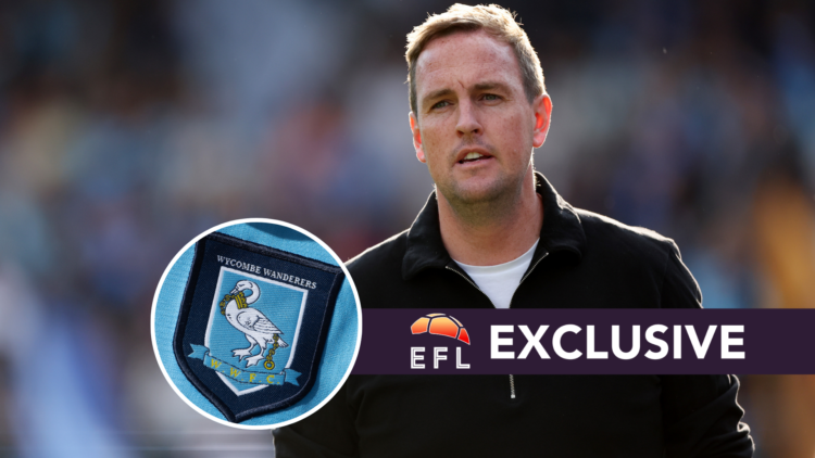 Wycombe Wanderers manager Mike Dodds. Inset, Wycombe badge. Overlaid, exclusive branding