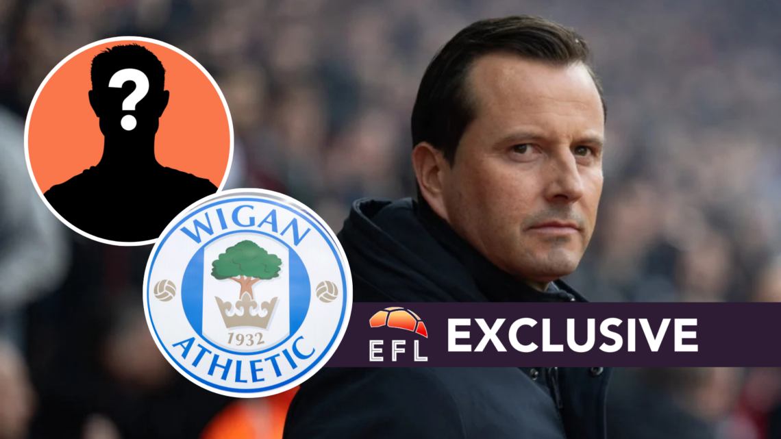 Queens Park Rangers manager Julien Stephan, a mystery player and the Wigan Athletic FC badge. Overlaid, the EFL Analysis exclusive banner.