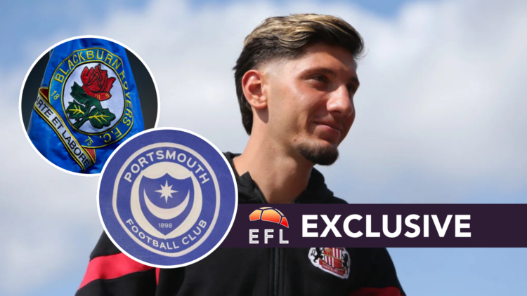 Nectarios Triantis before a Sunderland AFC game. Inset, the Blackburn Rovers badge and the Portsmouth FC badge. Overlaid, the EFL Analysis exclusiv...