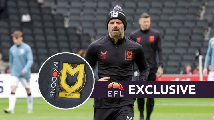 MK Dons manager Paul Warne. Inset, MK Dons badge. Overlaid, exclusive branding.